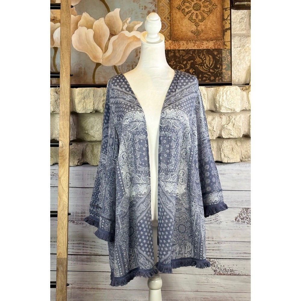Zac & Rachel Woman Blue Gray Paisley Kimono Fringe Wrap 3X